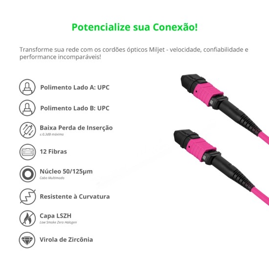 Cabo MPO para MPO Fêmea 40m, 12 Fibras OM4 G651.1 50/1 25 Multimodo, Tipo B LSZH Magenta - INSTRUFIBER