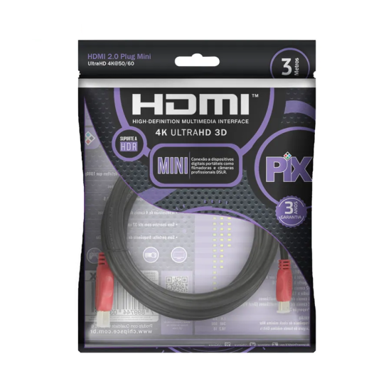 Cabo Mini HDMI 3 Metros 4K 2.0 Ultra HD PIX - INSTRUFIBER
