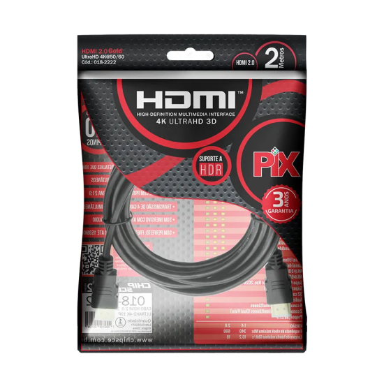 Cabo HDMI 2.0 2 Metros 4K Ultra HD 19 Pinos @60Hz PIX - INSTRUFIBER